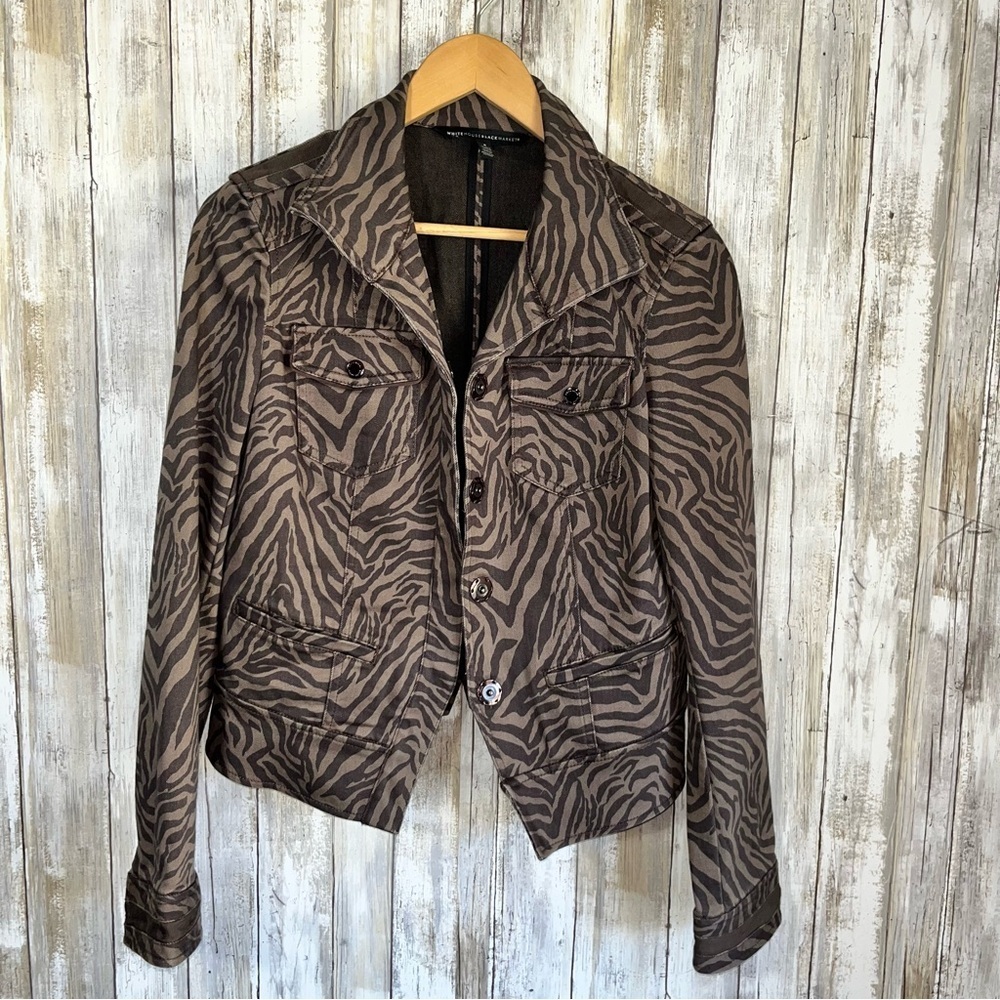 White House Black Market Espresso Brown Zebra Print Denim Jacket Women’s 8 - Picture 1 of 6